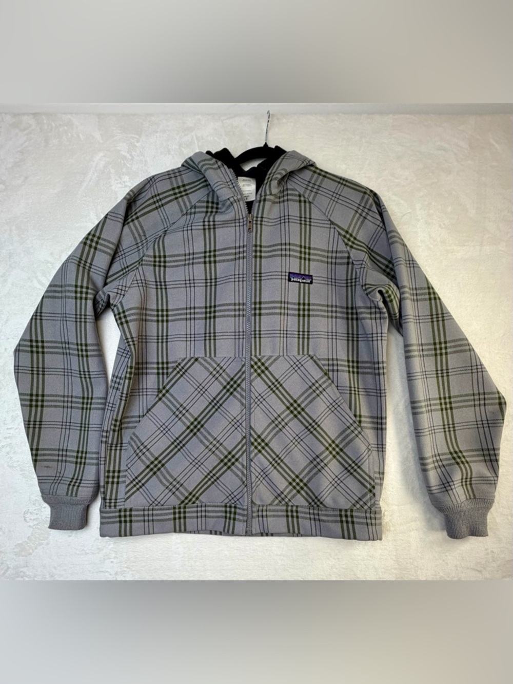 Patagonia Slopestyle Hoodie Jacket Gray Green Plaid Small Fleece Lined outdoor
